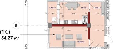 1 комната, 54 м², Элитка, 11 этаж, ПСО (под самоотделку)