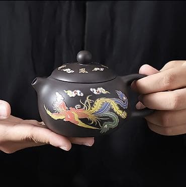 Чайники: Чайник из исинской глины (коричневый), с декором «Дракон и Феникс» - — 1