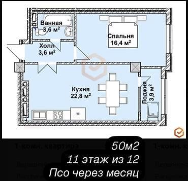 Батирлер: 1 бөлмө, 50 м², БГУ Элитка, 11 кабат — 3