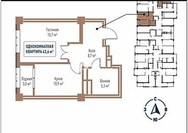 1 комната, 44 м², Элитка, 8 этаж, Готовая ПСО (под самоотделку) — 3