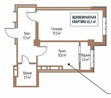 1 комната, 45 м², Элитка, 12 этаж, Готовая ПСО (под самоотделку)