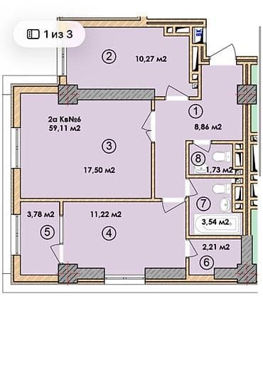 Продажа квартир: 2 комнаты, 59 м², Элитка, 3 этаж, Готовая ПСО (под самоотделку) — 2