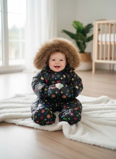 Балдардын кийим-кечелери жана бут кийимдери: Детский зимний комбинезон с принтом в стиле монограмм, утеплённый — 2