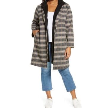 wit: MELLODAY Knit Coat With Removable Hood In Black/ Brown Plaid Это — 1