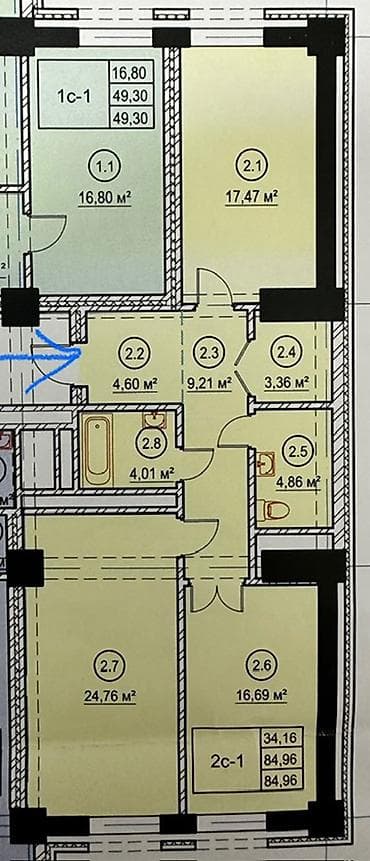 86: 2 комнаты, 85 м², Элитка, 11 этаж, Готовая ПСО (под самоотделку) — 1