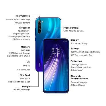 redmi note 7: Redmi, Redmi Note 8, Б/у, 64 ГБ, цвет - Синий, 2 SIM — 6