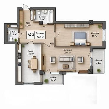 квртира: 2 комнаты, 77 м², Элитка, 10 этаж, Готовая ПСО (под самоотделку) — 2