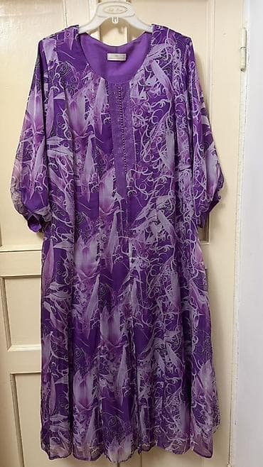 ночной одежда: Платье женское, длинное, сиренево-фиолетовое с абстрактным цветочным — 1