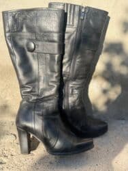 сапоги из натурального меха и кожи: Женские кожаные сапоги на каблуке - Материал: натуральная кожа — 1