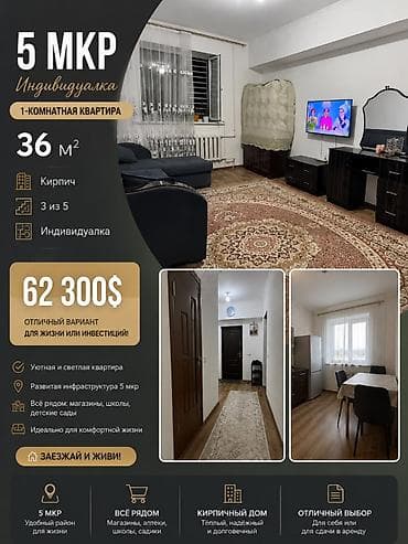5: 1 комната, 36 м², 5 мкр Индивидуалка, 3 этаж, Свежий ремонт — 1