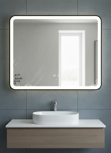 зеркало с подсветкой настольное: Прямоугольное зеркало с черной рамой и встроенной подсветкой. Размеры — 1