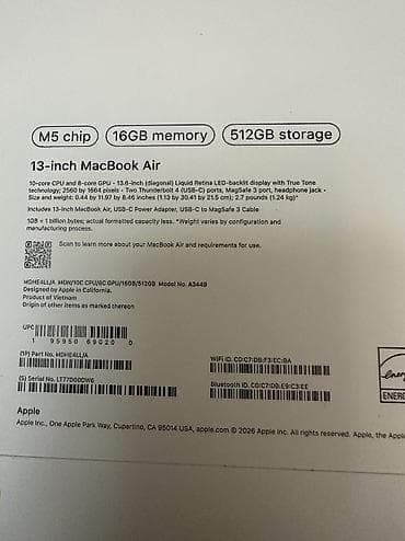 apple macbook: Ультрабук, Новый, Apple M5, ОЗУ, RAM: 16 ГБ — 4