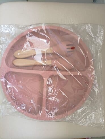 детская силиконовая посуда: Силиконовая тарелка, ложка и вилка. Новый, запечатанный — 2