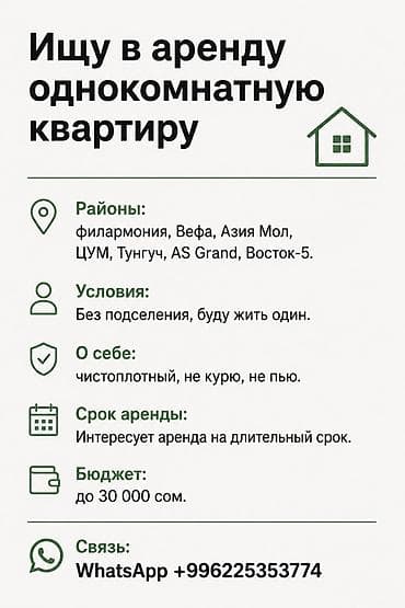 Ищу в аренду однокомнатную квартиру. Предпочитаемые районы — 1