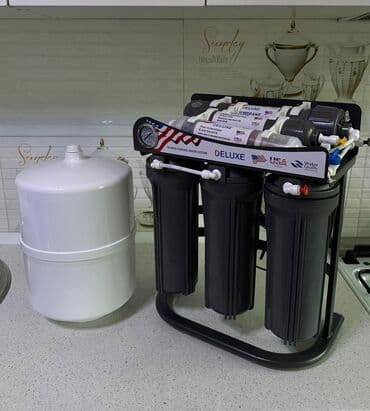 порошок туркус: Ичүүчү суу үчүн чыпка, Суу тазалоо баскычтарынын саны: 7, Акысыз орнотуу, Бактын көлөмү: 10 литр, Фильтрация түрү: Осмос системасы, Бренд: Deluxe — 1