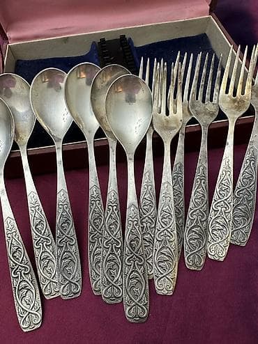 Идиш-аяк: Новый мельхиоровый набор состоящий из 6и ложек и 6и вилок — 1