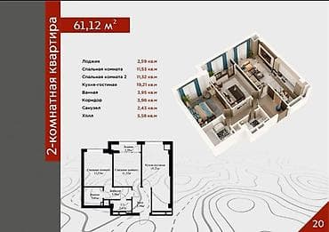 Батирлер: 2 бөлмө, 61 м², Элитка, 5 кабат, Даяр ПСО (өзү оңдоп түзөтүп бүтүү үчүн) — 4