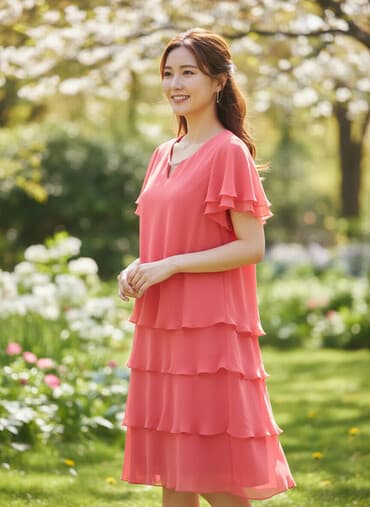 шифоновое платье большого размера: Элегантное платье кораллового цвета с многослойной юбкой — 1