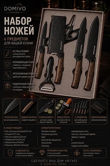 🔪 НАБОР КУХОННЫХ НОЖЕЙ DOMIVO HOME 6 предметов для кухни в стильной at lalafo.kg 🔪 НАБОР КУХОННЫХ НОЖЕЙ DOMIVO HOME 6 предметов для кухни в стильной