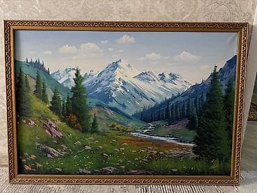 Картина “Горный пейзаж” в резной раме. - Сюжет: альпийские вершины со