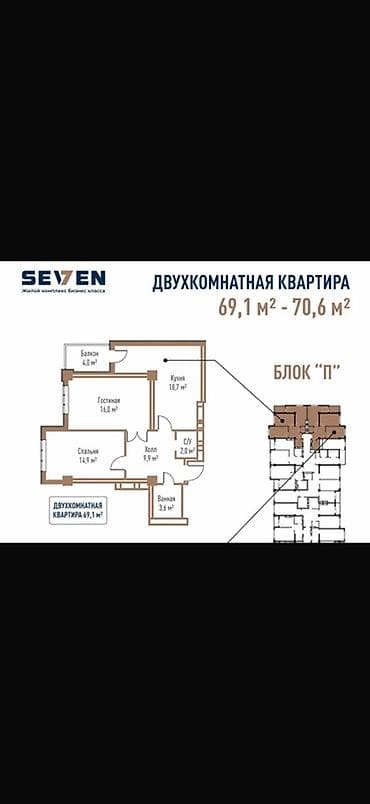 чуй: 2 комнаты, 70 м², Элитка, 12 этаж, Готовая ПСО (под самоотделку) — 2