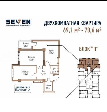 2 комнаты, 69 м², Элитка, 12 этаж, Готовая ПСО (под самоотделку) — 2
