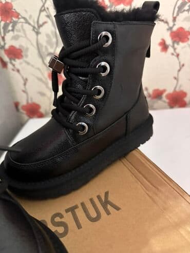 Детские зимние ботинки-дутики, черные - Высокая шнуровка с крупными