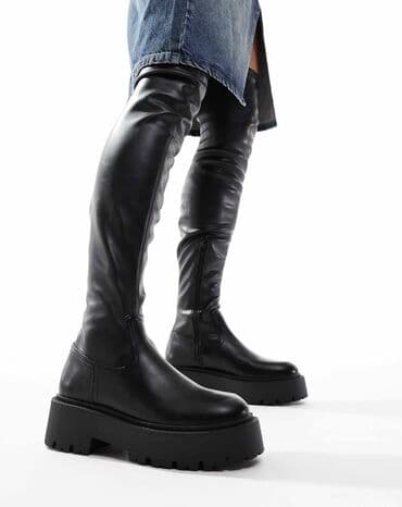 купить сапоги женские зимние кожаные италия: Ботфорты женские из натуральной кожи на массивной тракторной — 1