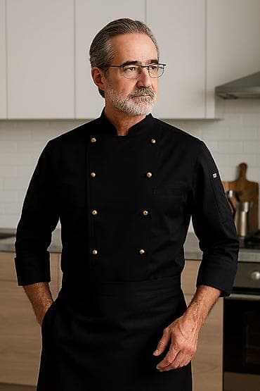 Китель повара, классический черный - Двубортный крой с рядом