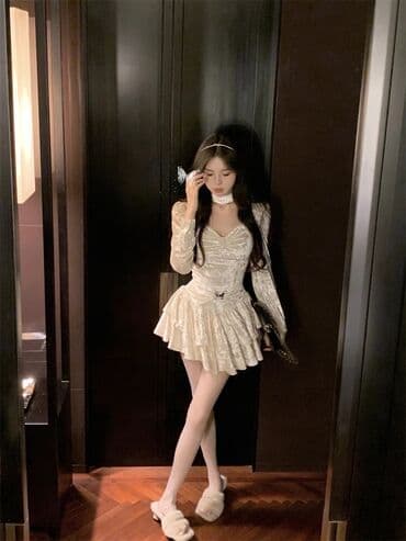 Женская обувь: Вечернее платье, А-силуэт, Короткая модель, Бархат, С рукавами, Открытая спина, S, M — 3