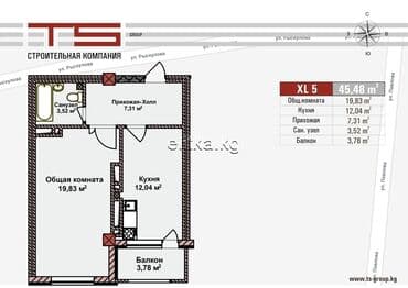 квартира в районе ошского рынка: 1 бөлмө, 47 кв. м, Элитка, 3 кабат, ПСО (өзү оңдоп түзөтүп бүтүү үчүн) — 6