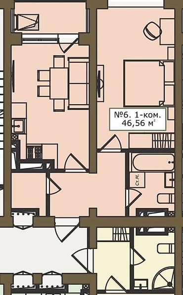1 комната, 46 м²