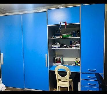 Комплект синий Шкаф с партой и тумбами- Кровать с двойными тумбами