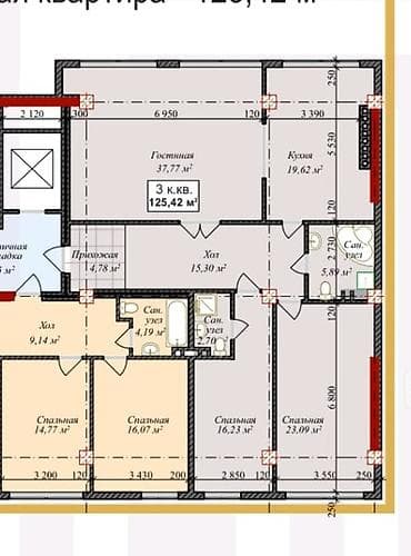 3 комнаты, 125 м², Элитка, 3 этаж, ПСО (под самоотделку)