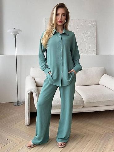 n work: Женский костюм-двойка из мягкой текстурной ткани: свободная рубашка + — 1