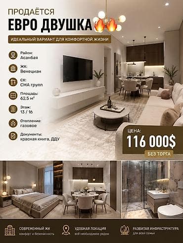 5: 2 комнаты, 63 м², Асанбай мкр Элитка, 13 этаж, Дизайнерский ремонт — 1