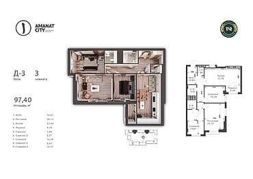 3 комнаты, 97 м²