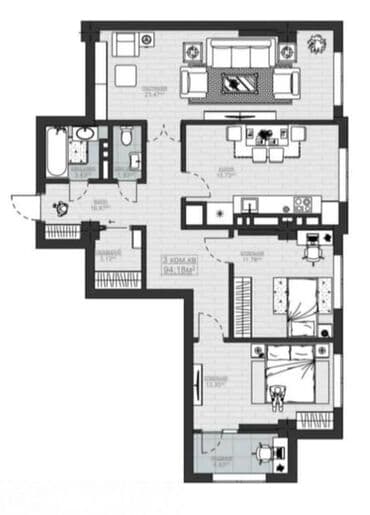 квартира берилет элебесова: 3 бөлмө, 94 м², Элитка, 12 кабат, ПСО (өзү оңдоп түзөтүп бүтүү үчүн) — 3