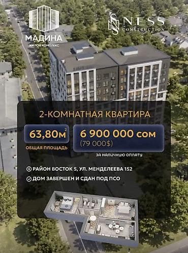 2 комнаты, 64 м², Элитка, 4 этаж, Готовая ПСО (под самоотделку)