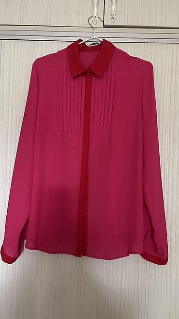 розовая рубашка женская: Блузка, Классическая модель, Шифон, Однотонный, Прозрачная модель — 1