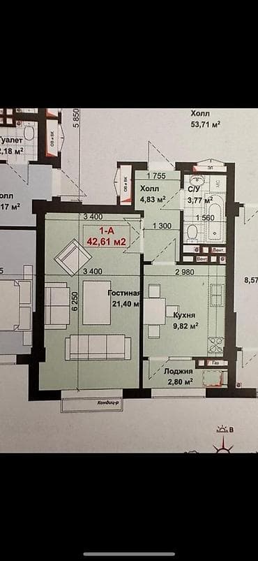 Кыймылсыз мүлк: 1 бөлмө, 43 м², Элитка, 11 кабат, Евроремонт — 6