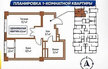 seven: 1 комната, 43 м², Элитка, 8 этаж, Готовая ПСО (под самоотделку) — 3