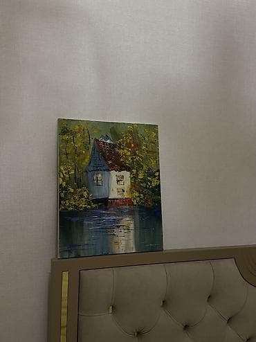 Картина ( пейзаж с домиком у воды, выполненный маслом и акрилом