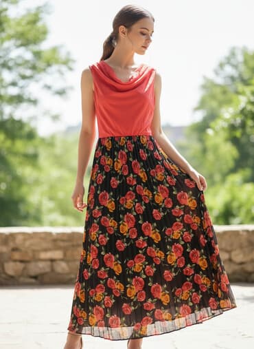 Платье макси без рукавов с ярким контрастным дизайном: - Верх