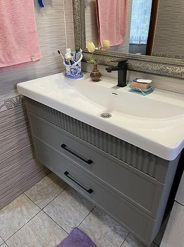 деревяные ящики: Тумба для ванны, С раковиной, цвет - Серый — 2