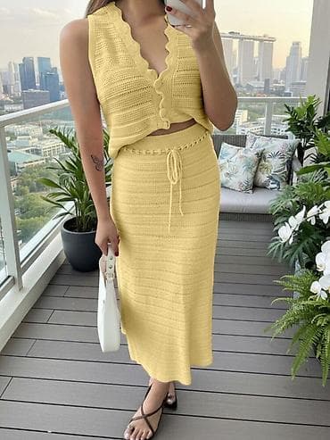 поло рубашки: Вязаный летний комплект: топ + юбка миди - Материал: мягкая ажурная — 2