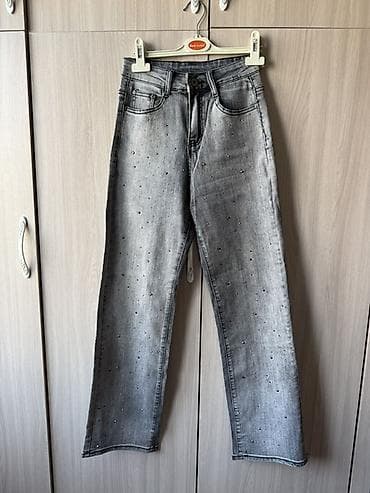 кастим шым: Серые джинсы с декором стразами - Прямой крой, средняя посадка - — 2