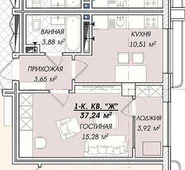 residence: 1 комната, 37 м², Элитка, 5 этаж, Готовая ПСО (под самоотделку) — 5