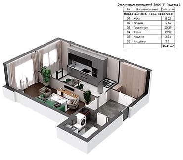 Батирлер: 1 бөлмө, 55 м², Жеке план, 9 кабат, Даяр ПСО (өзү оңдоп түзөтүп бүтүү үчүн) — 1