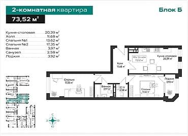 2 комнаты, 73 м², Элитка, 6 этаж, Готовая ПСО (под самоотделку)